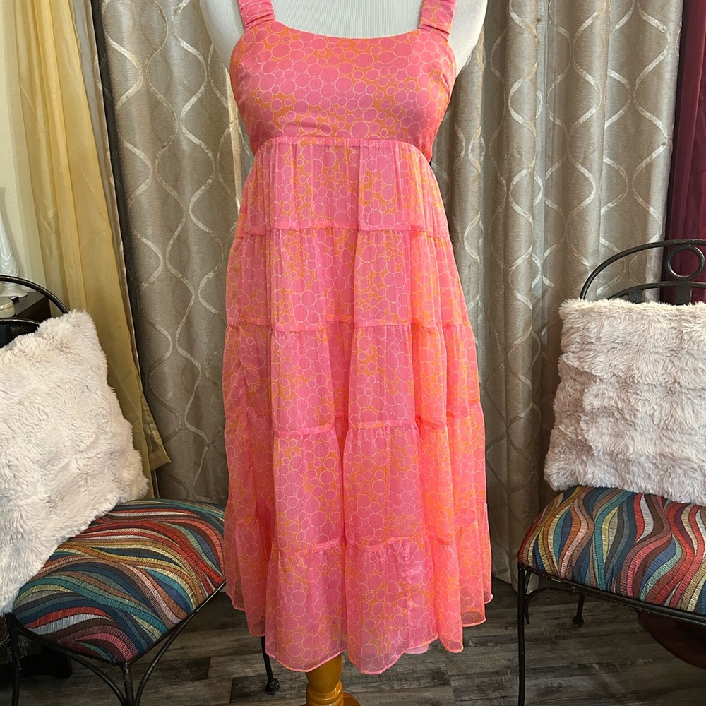 Amanda Uprichard Pink and Orange Tiered Midi Dress